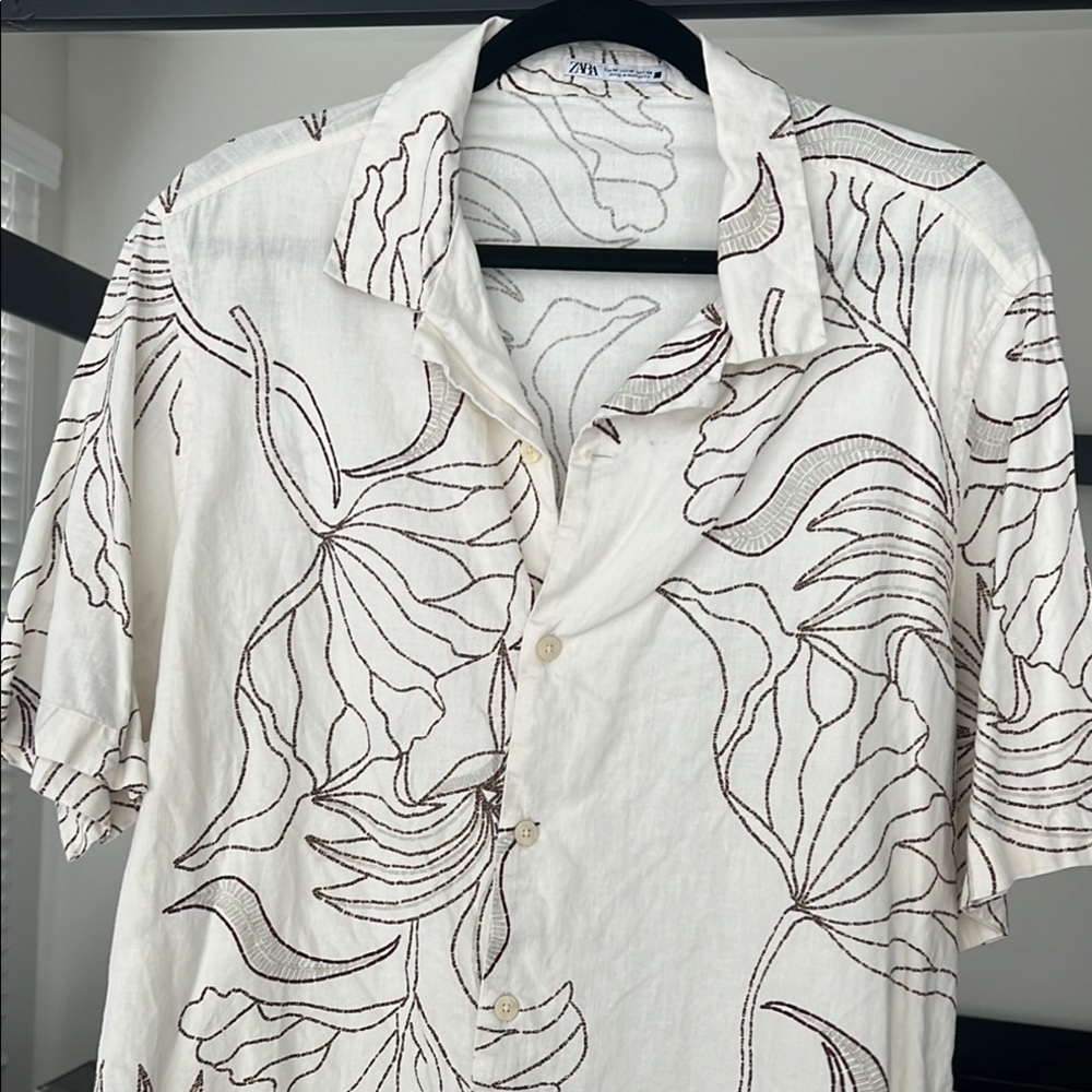Zara White and Brown Casual Button Down Shirt